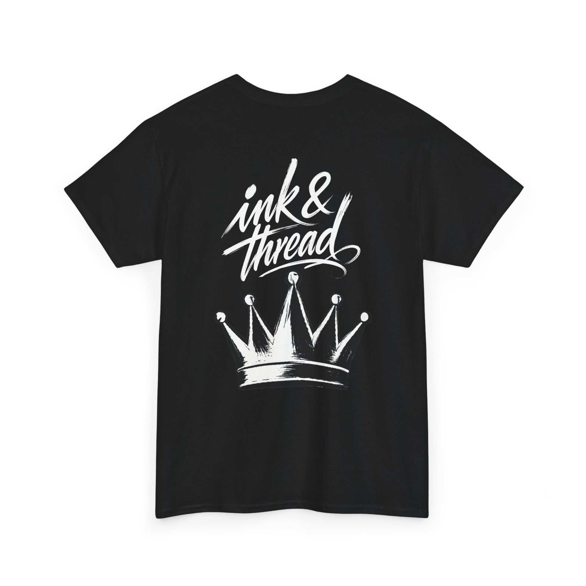 Ink & Thread UK black t-shirt with white script logo and crown graphic on front