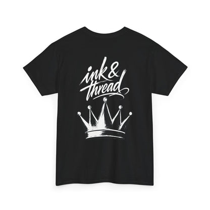 Ink & Thread UK black t-shirt with white script logo and crown graphic on front