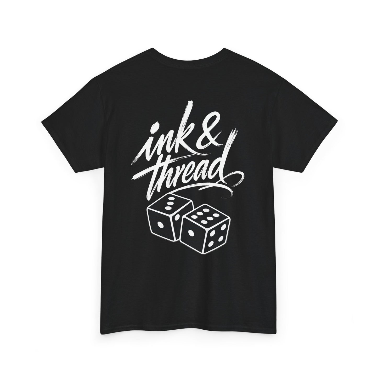 Ink & Thread UK black t-shirt with white script logo and two dice graphic design on front