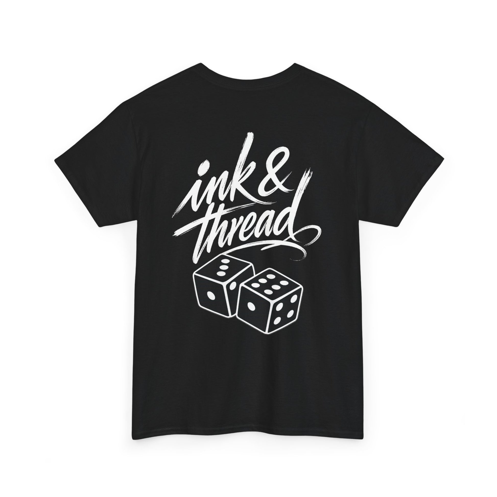 Ink & Thread UK black t-shirt with white script logo and two dice graphic design on front