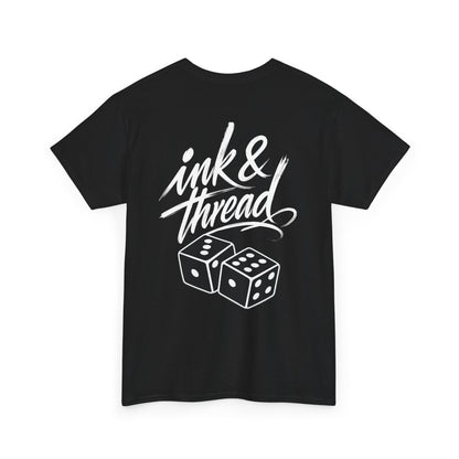 Ink & Thread UK black t-shirt with white script logo and two dice graphic design on front