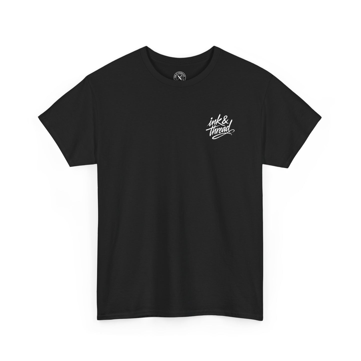 Flat-lay front view of Ink & Thread UK black t-shirt with script logo on chest and dice design