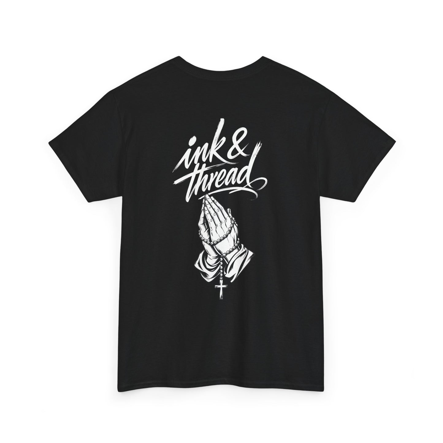 Ink & Thread UK black t-shirt with white script logo and praying hands rosary graphic design