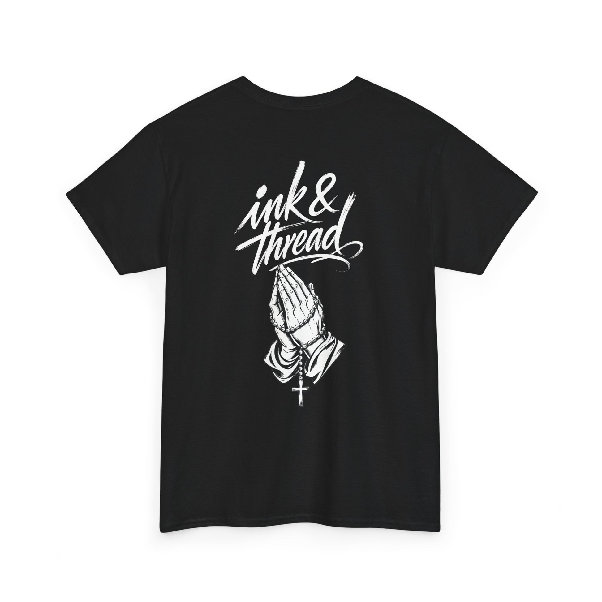 Ink & Thread UK black t-shirt with white script logo and praying hands rosary graphic design