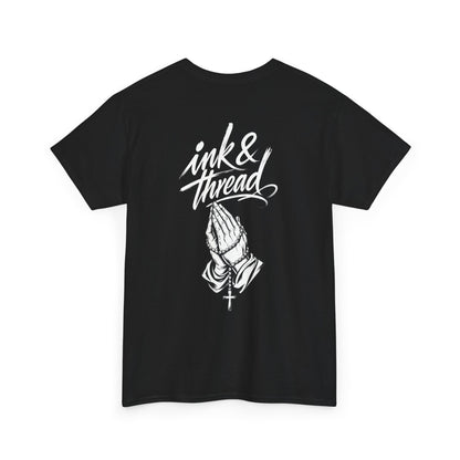 Ink & Thread UK black t-shirt with white script logo and praying hands rosary graphic design