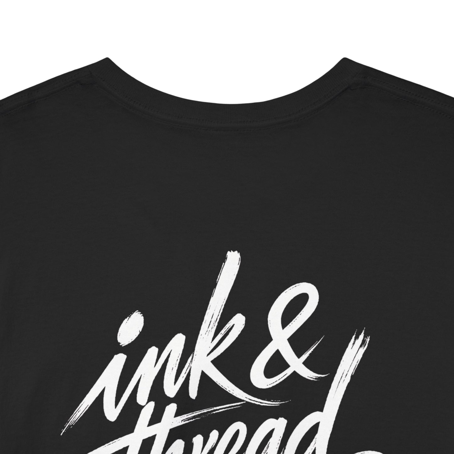 Back of Ink & Thread UK black t-shirt with white brush script logo design