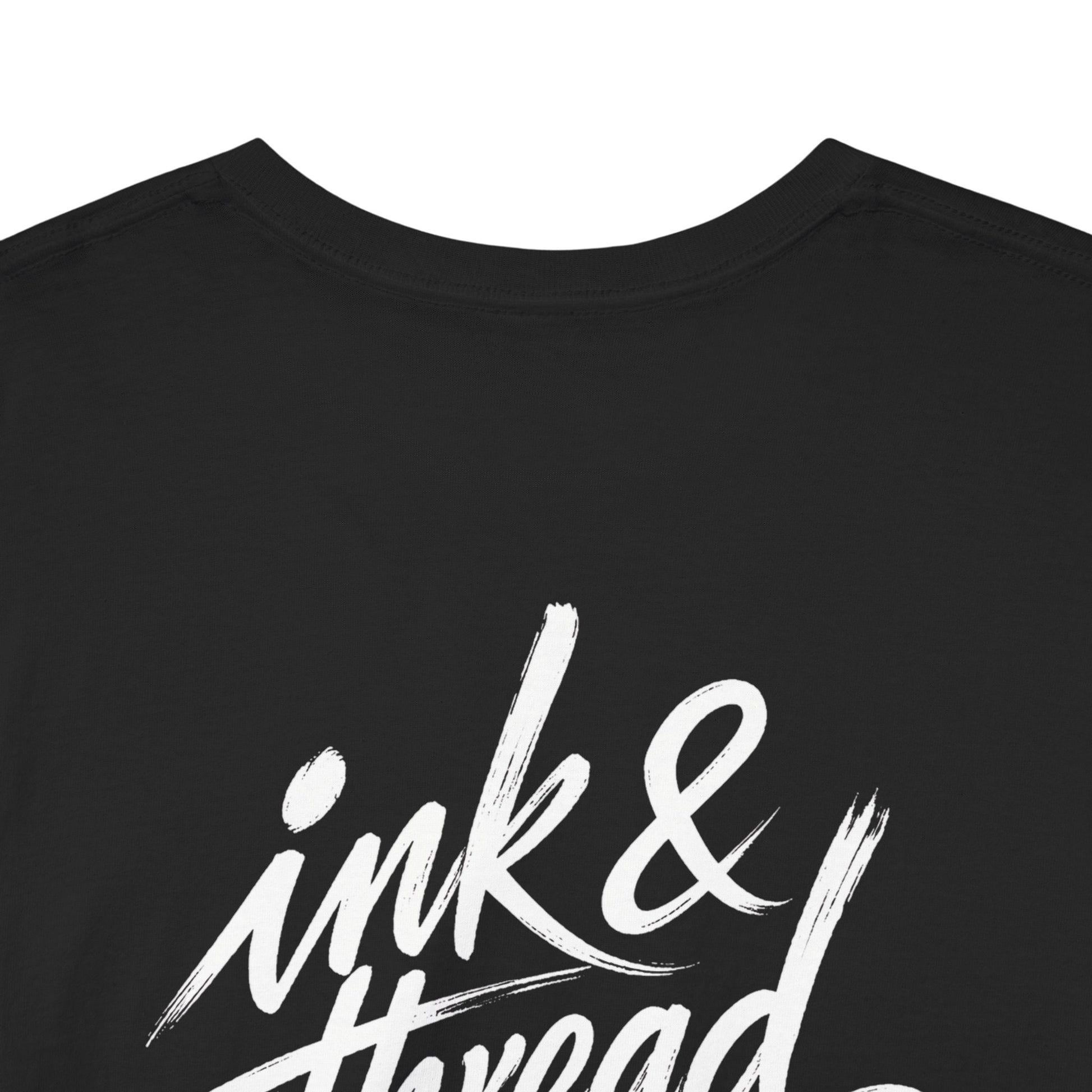 Back of Ink & Thread UK black t-shirt with white brush script logo design
