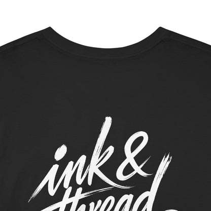 Back of Ink & Thread UK black t-shirt with white brush script logo design