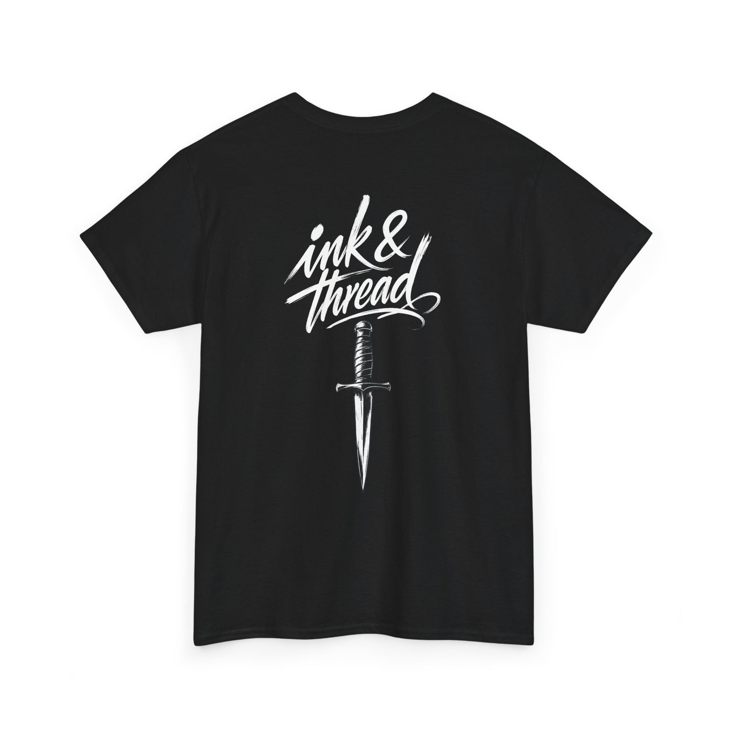 Ink & Thread UK black t-shirt with white script logo and dagger graphic design on front