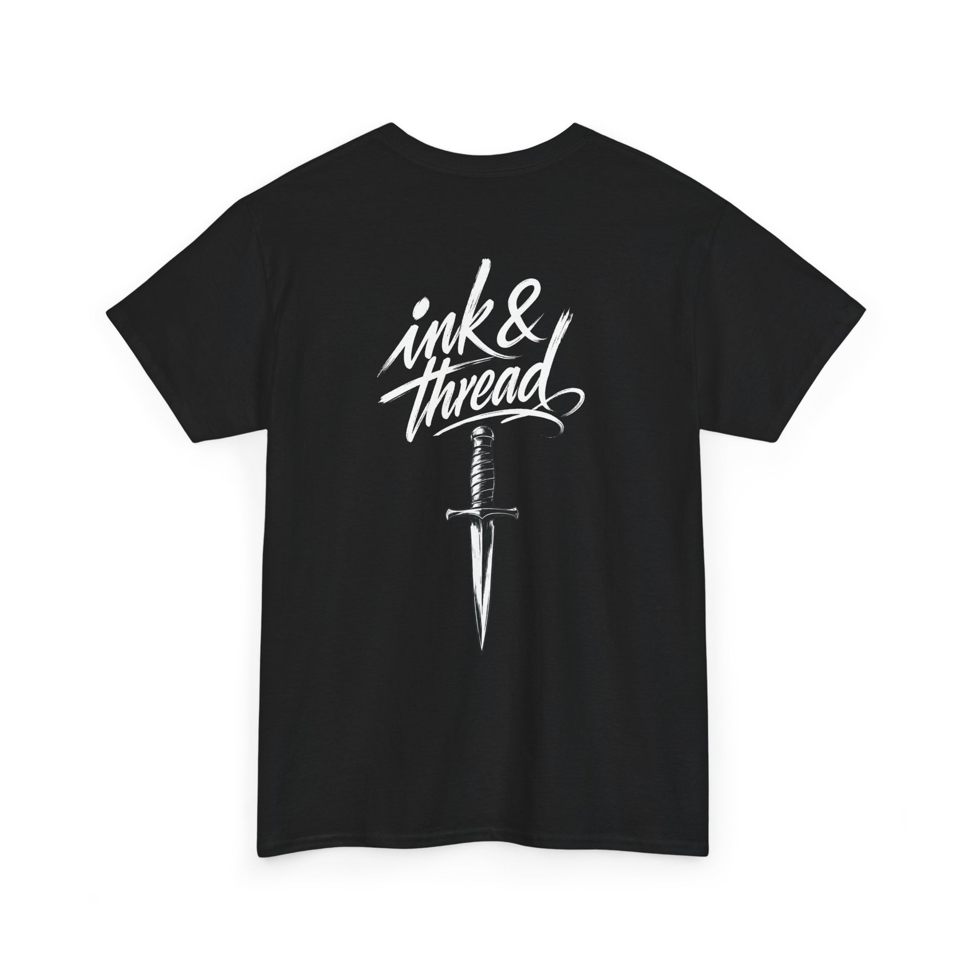 Ink & Thread UK black t-shirt with white script logo and dagger graphic design on front