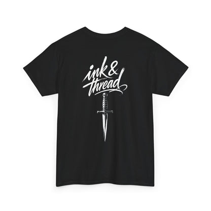 Ink & Thread UK black t-shirt with white script logo and dagger graphic design on front