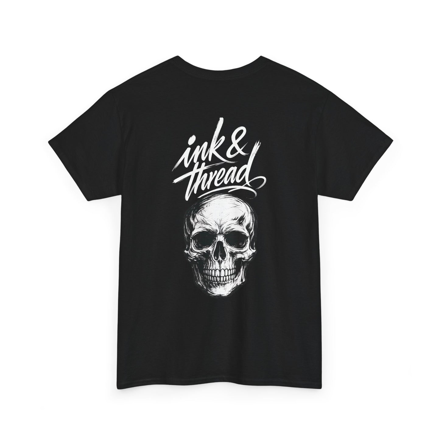 Ink & Thread UK black t-shirt with white script logo and detailed skull graphic design