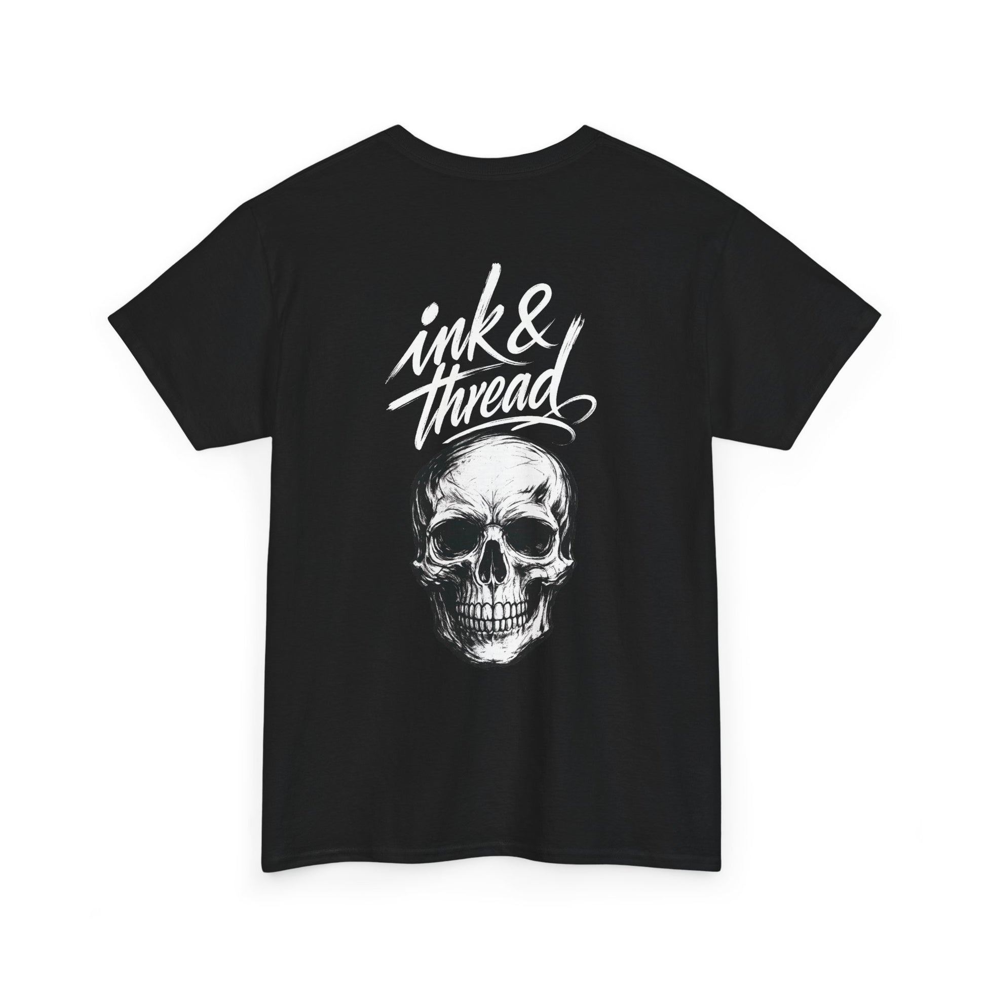Ink & Thread UK black t-shirt with white script logo and detailed skull graphic design