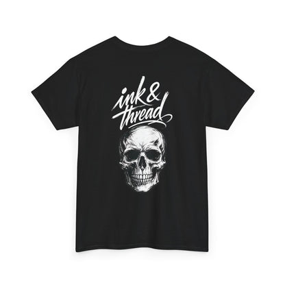 Ink & Thread UK black t-shirt with white script logo and detailed skull graphic design