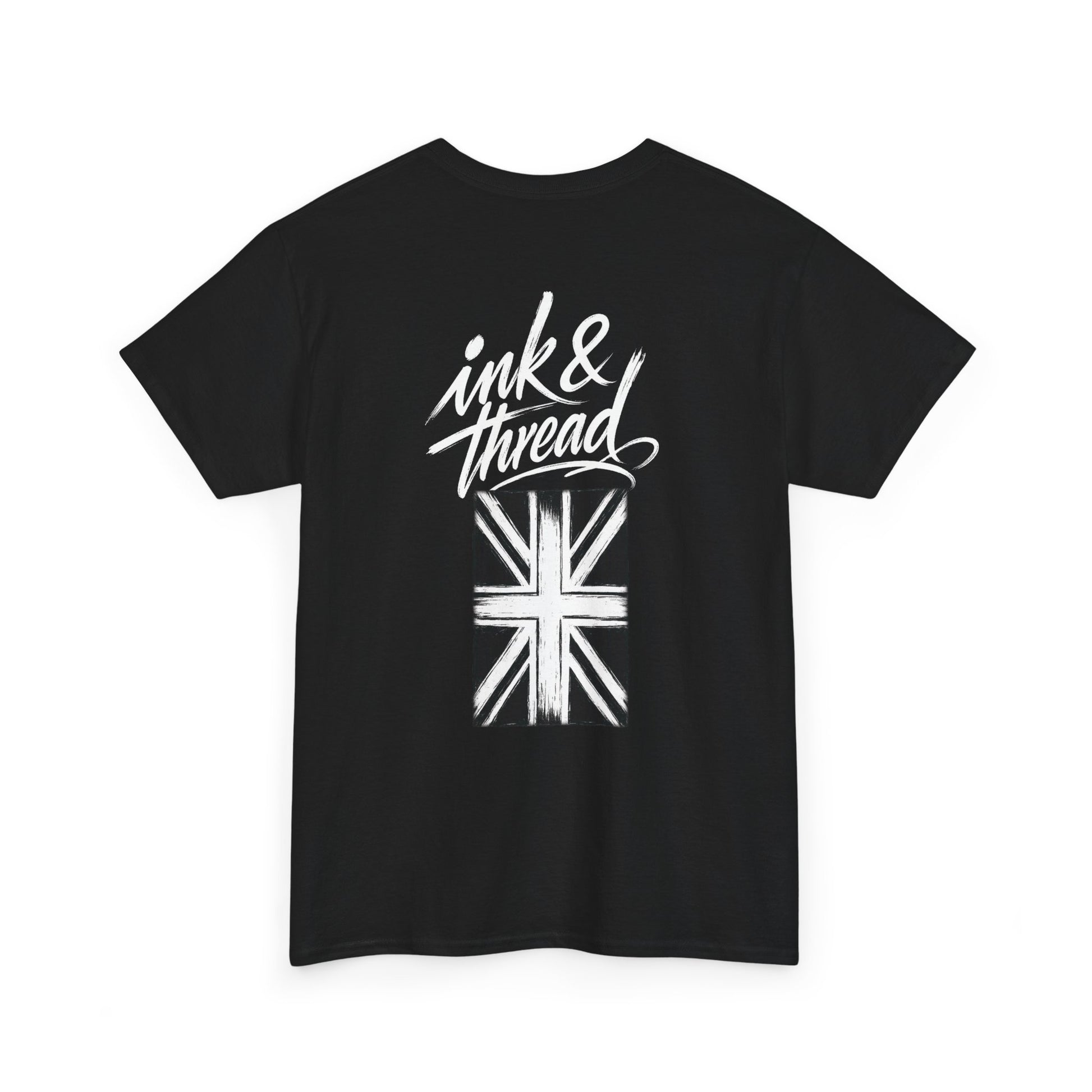 Ink & Thread UK black t-shirt with white script logo and Union Jack flag graphic design