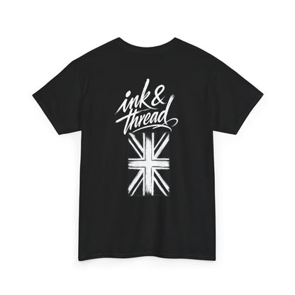 Ink & Thread UK black t-shirt with white script logo and Union Jack flag graphic design