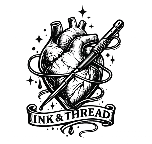 Ink and Thread UK brand logo - black and white tattoo-style heart with needle and thread illustration