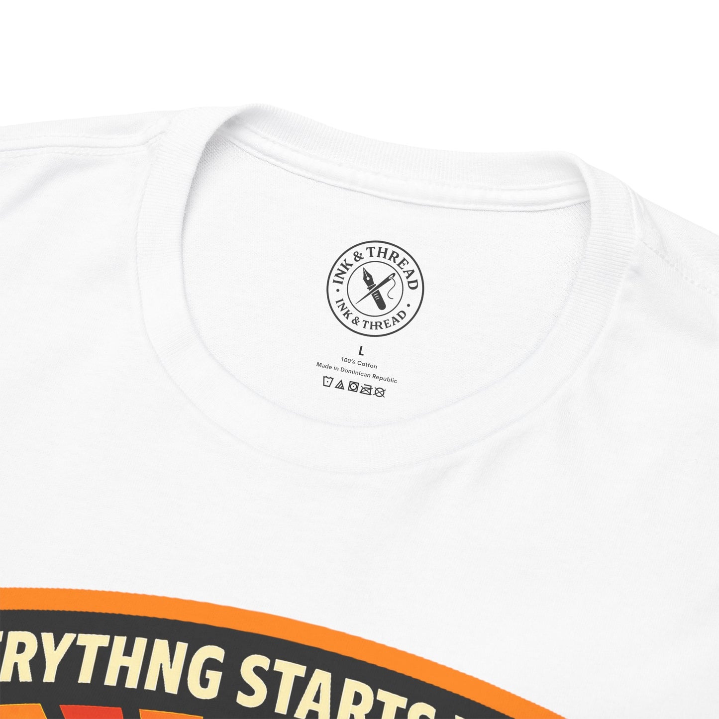White t-shirt back label showing Ink and Thread UK brand logo and care instructions tag detail