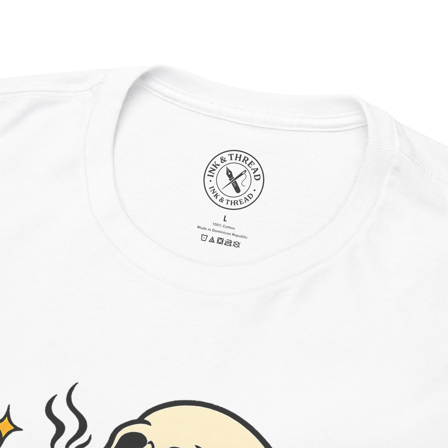 White t-shirt with a brand logo on a white background