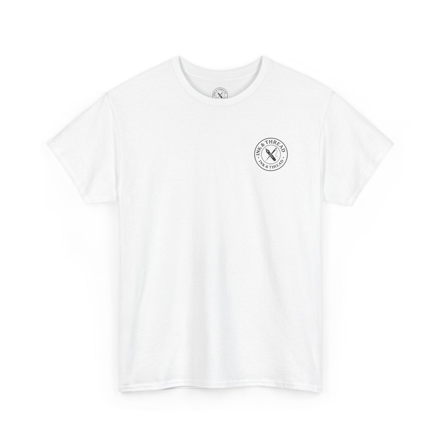 Ink and Thread UK white t-shirt with printed logo on chest, front view on white background