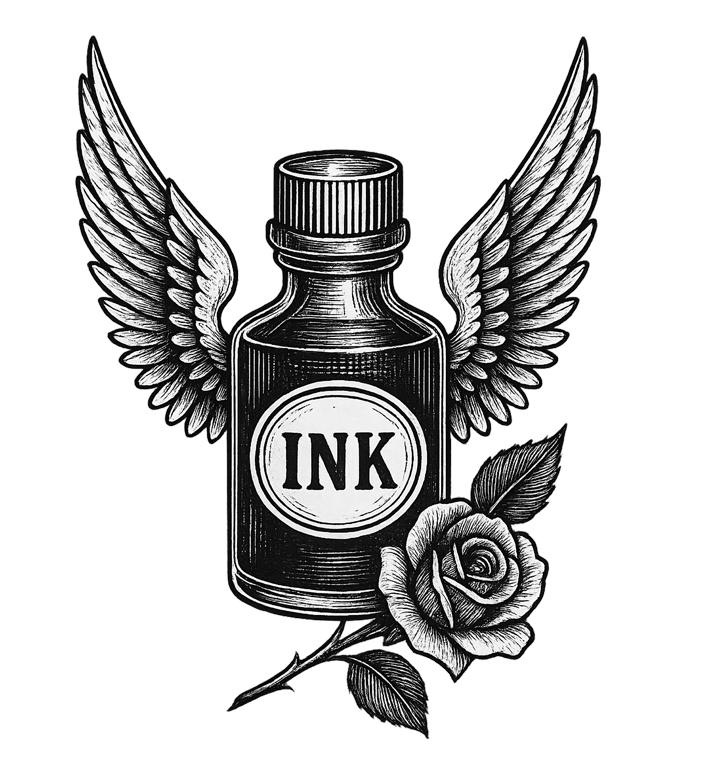 Tattoo-inspired illustration of a glass ink bottle with angel wings and a rose, symbolising creativity, protection, and meaning