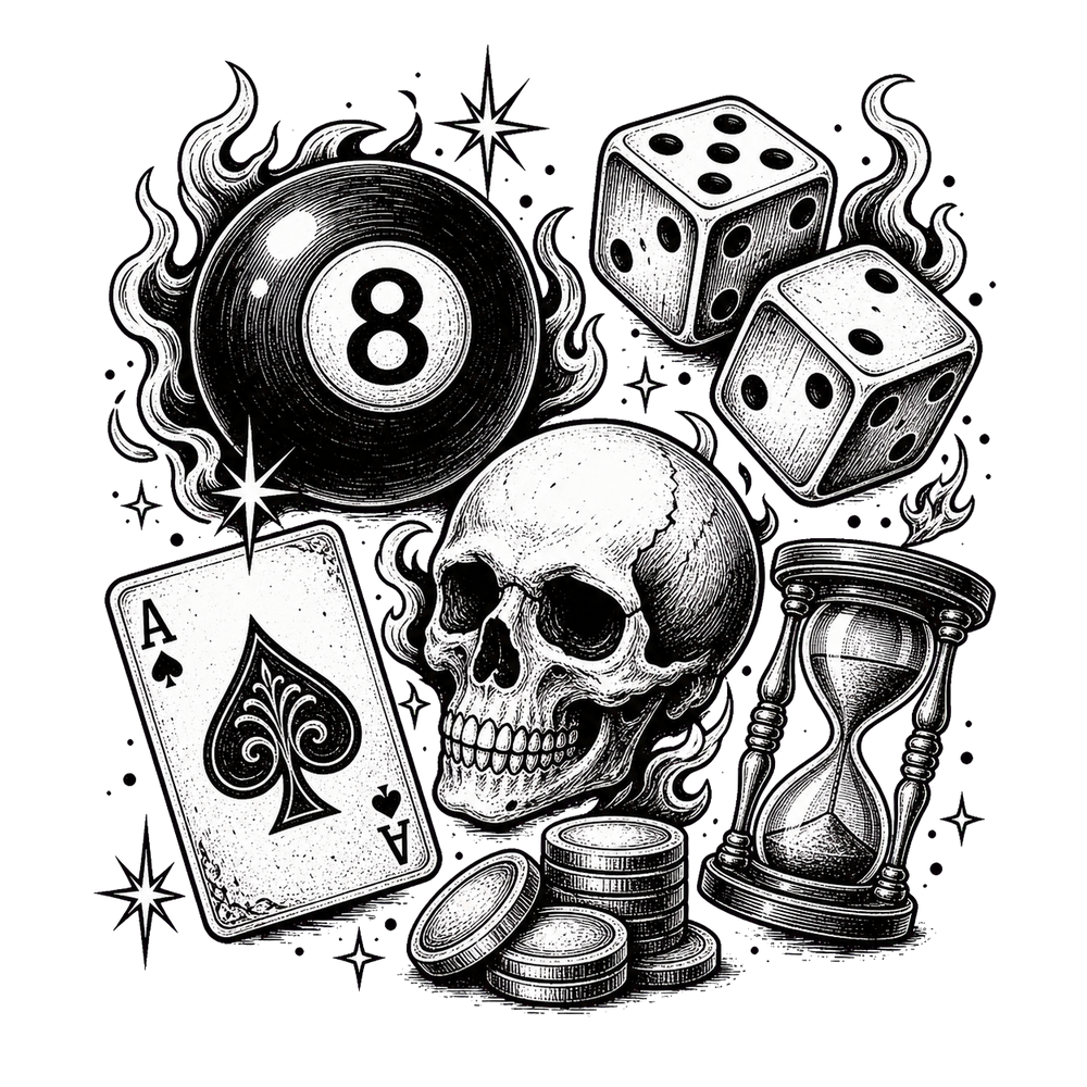 Tattoo flash sheet with 8 ball, dice, cards and skull symbols.