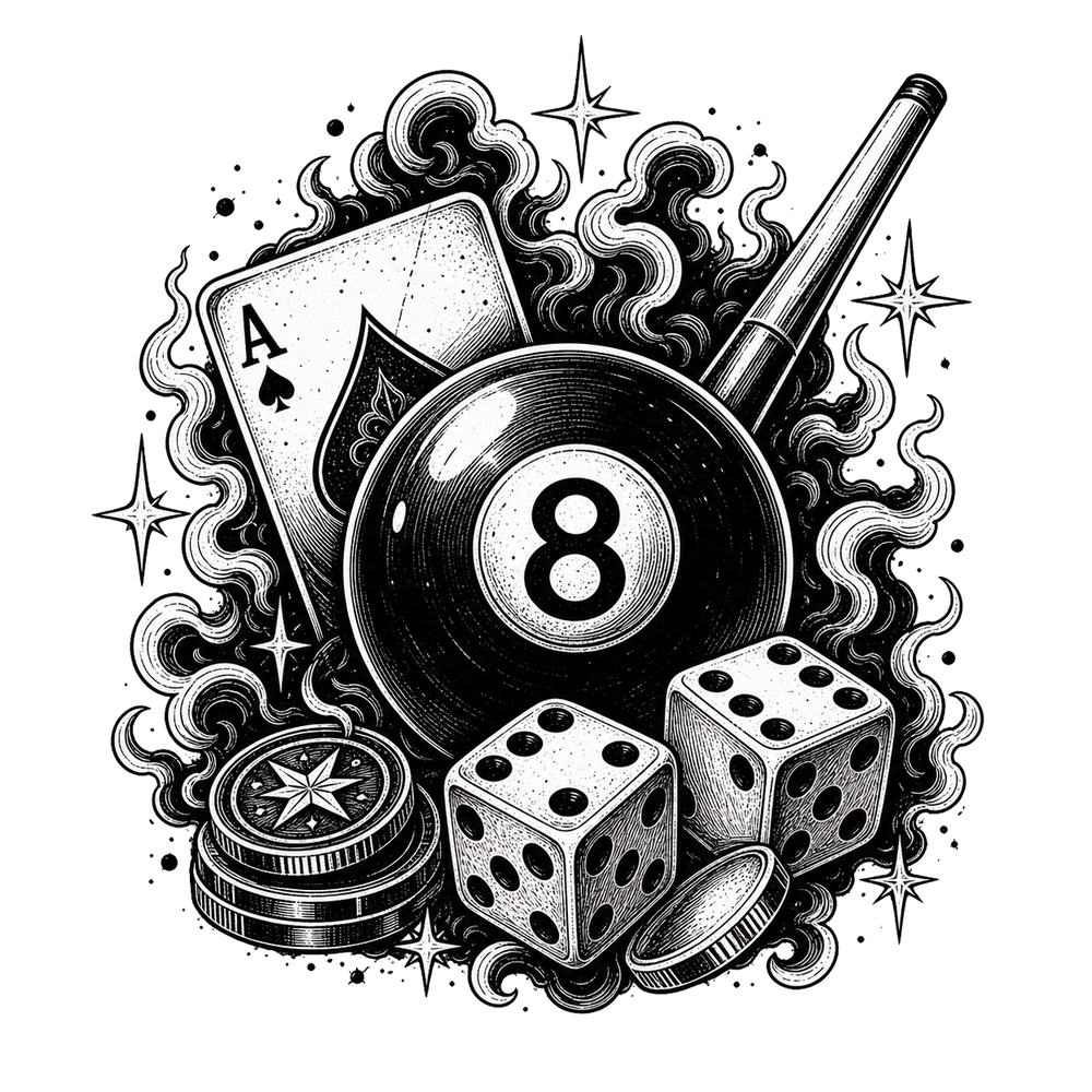 Magic 8 ball tattoo concept with dice, cards and smoke.