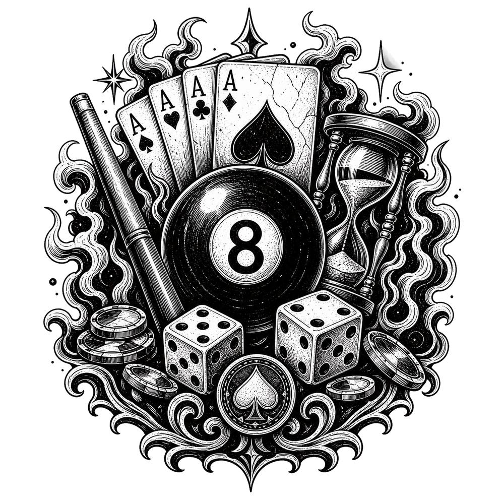 8 ball paired with dice, cards, flames and an hourglass.