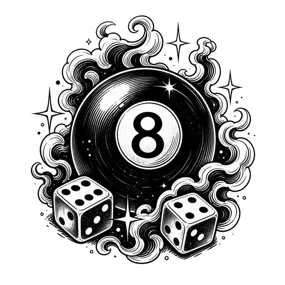 8 ball tattoo symbol with smoke, shadow and hard linework.