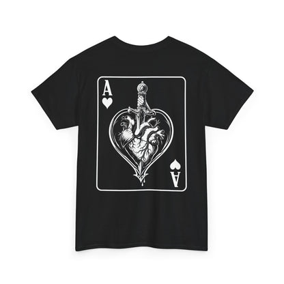 Black t-shirt with ace of hearts playing card design featuring anatomical heart and sword on white background