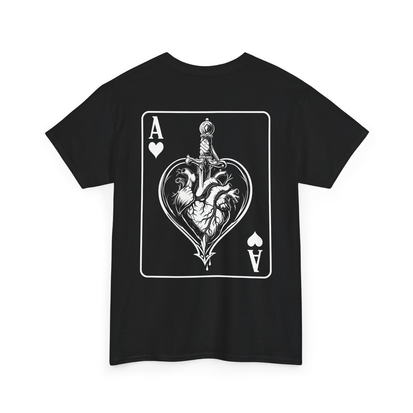 Black t-shirt with Ace of Hearts playing card design featuring anatomical heart pierced by sword on white background