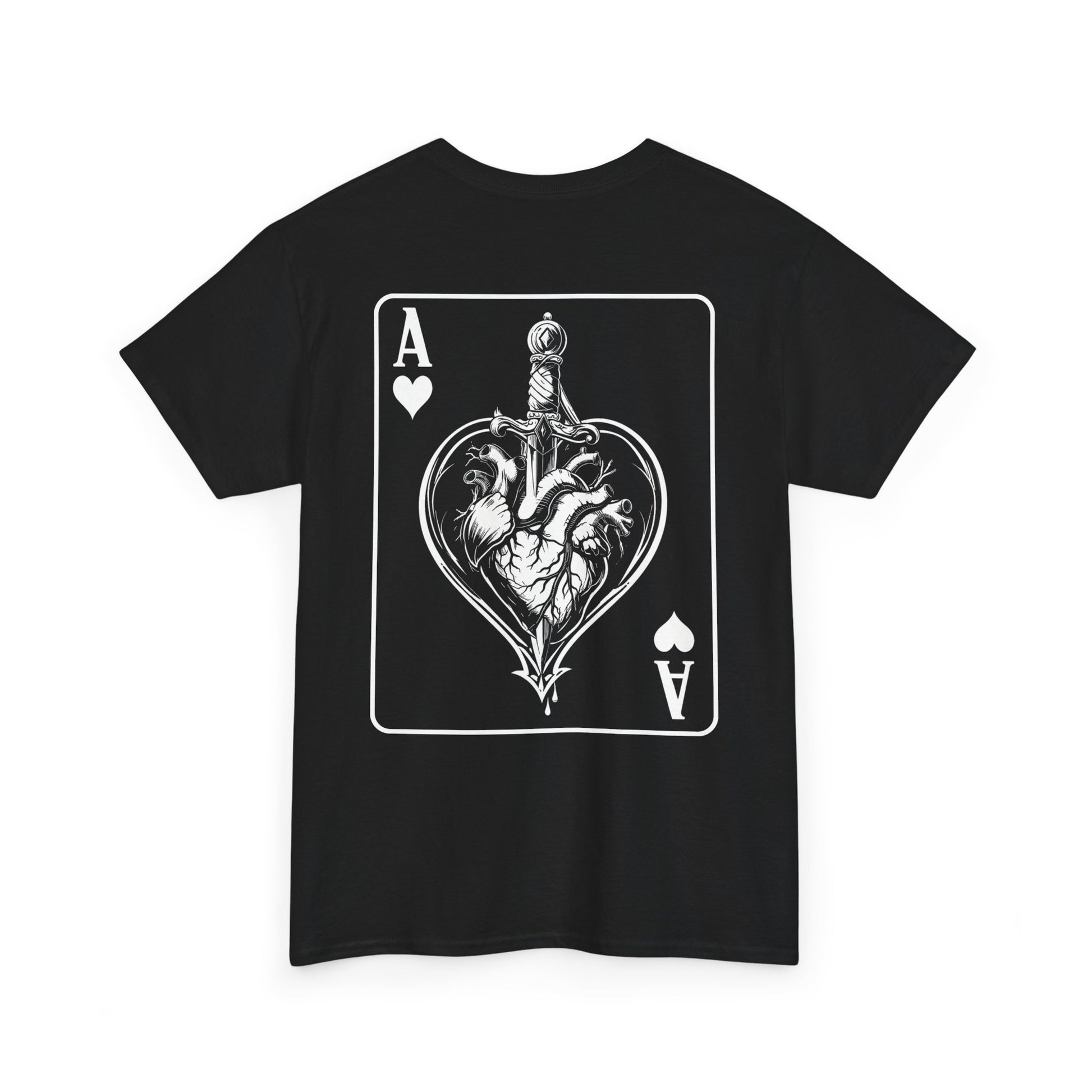 Black t-shirt with Ace of Hearts playing card design featuring anatomical heart pierced by sword on white background