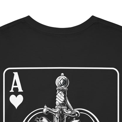 Back close-up of black t-shirt with Ace of Hearts playing card design featuring sword illustration on white background