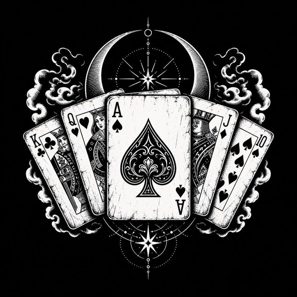 Fan of playing cards around the Ace of Spades with smoke and crescent moon in occult tattoo style