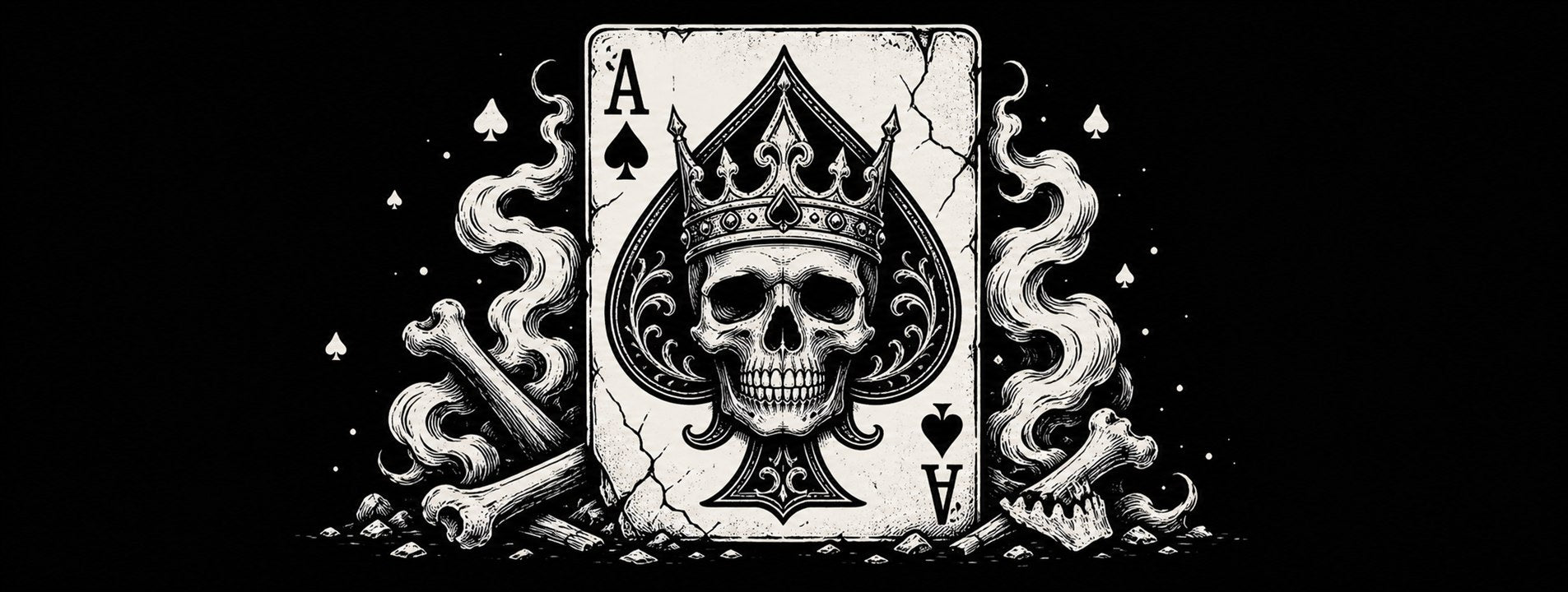 Ace of Spades meaning illustrated with a crowned skull, smoke, and tattoo-flash linework on black