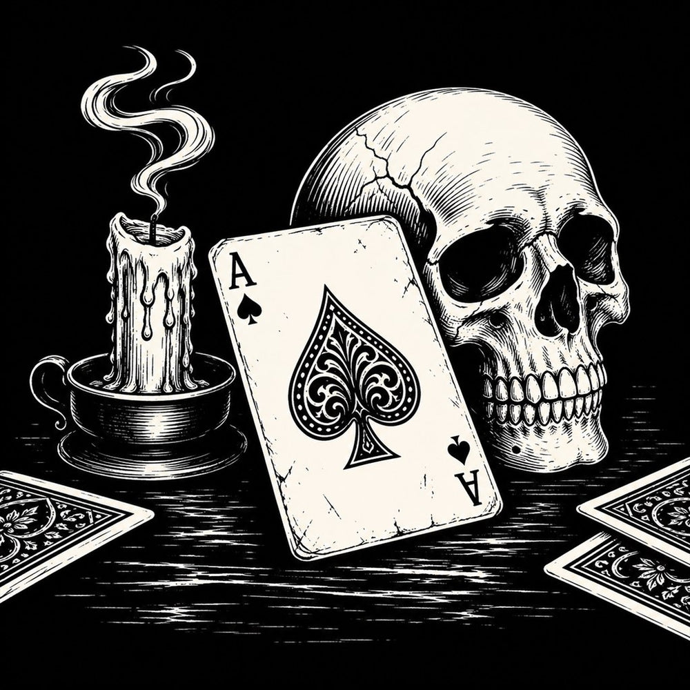 Ace of Spades card laid beside a skull and snuffed candle in funereal tattoo-flash style