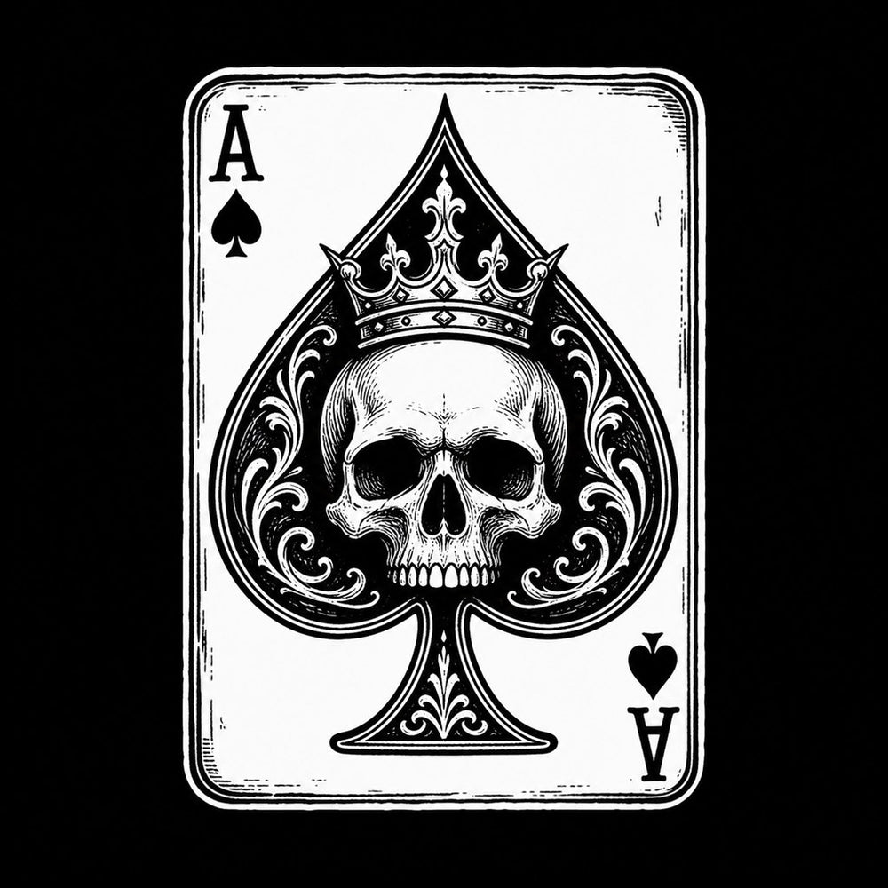 Ace of Spades emblem with crowned skull inside the spade pip in bold tattoo-flash linework