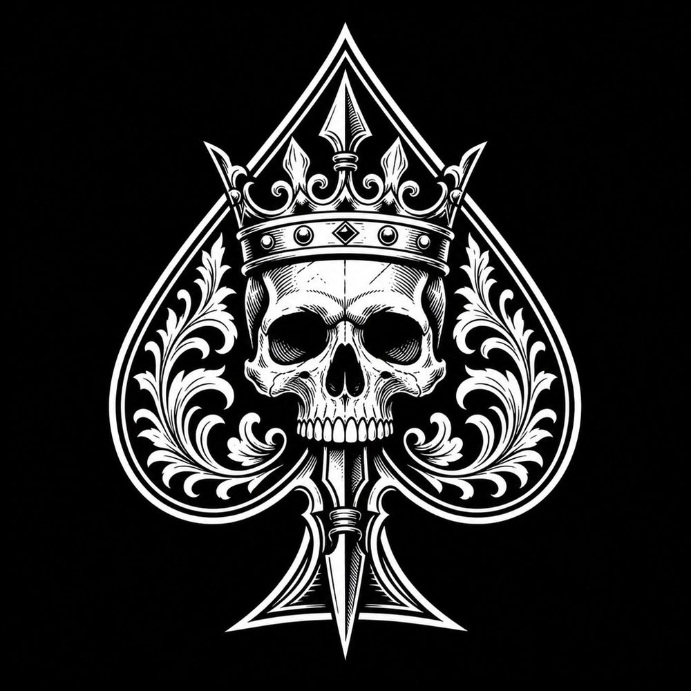 Bold Ace of Spades tattoo flash design with skull, crown, and dagger detail on black