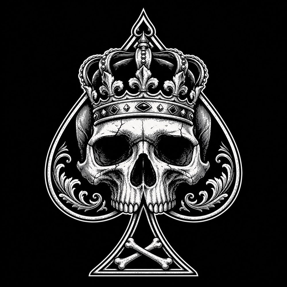 Crown and Bone Ace of Spades tee artwork with skull locked into the spade shape on black fabric