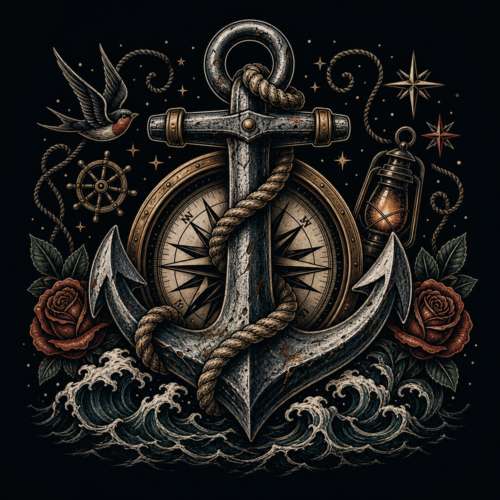 Weathered ship anchor wrapped in rope with compass, waves and dark nautical flowers.