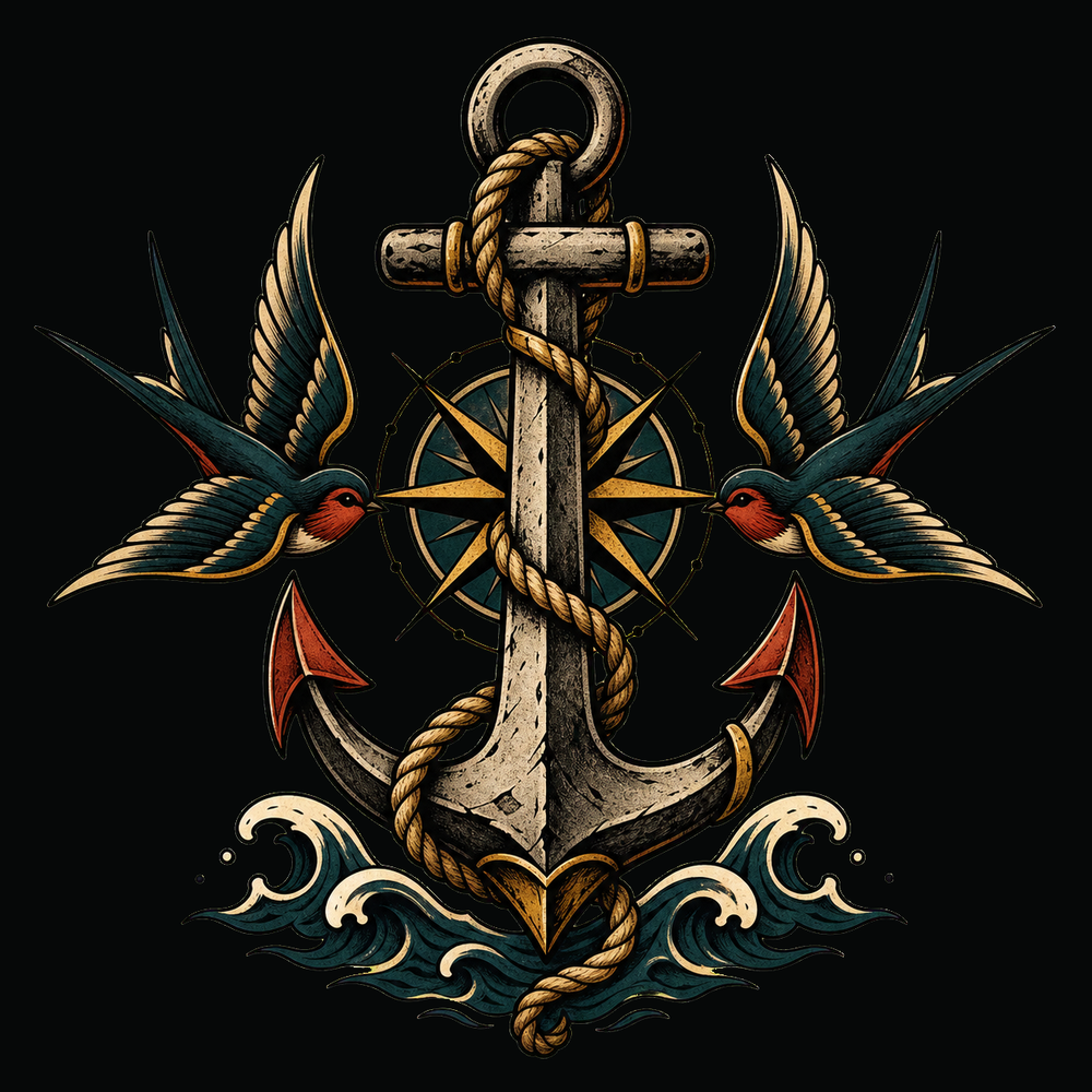 Anchor tattoo symbol with rope, swallow and dark nautical detail.