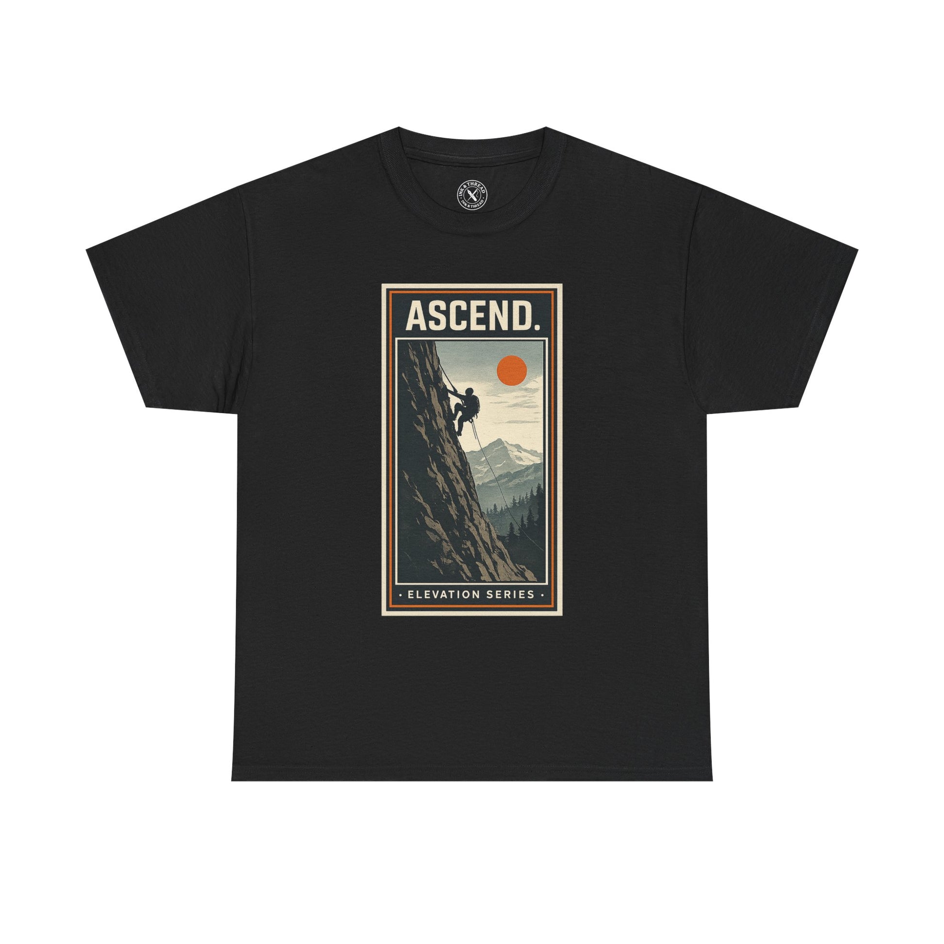 Ink & Thread UK black unisex t-shirt featuring Ascend Elevation Series mountain rock climbing graphic with climber and sun design