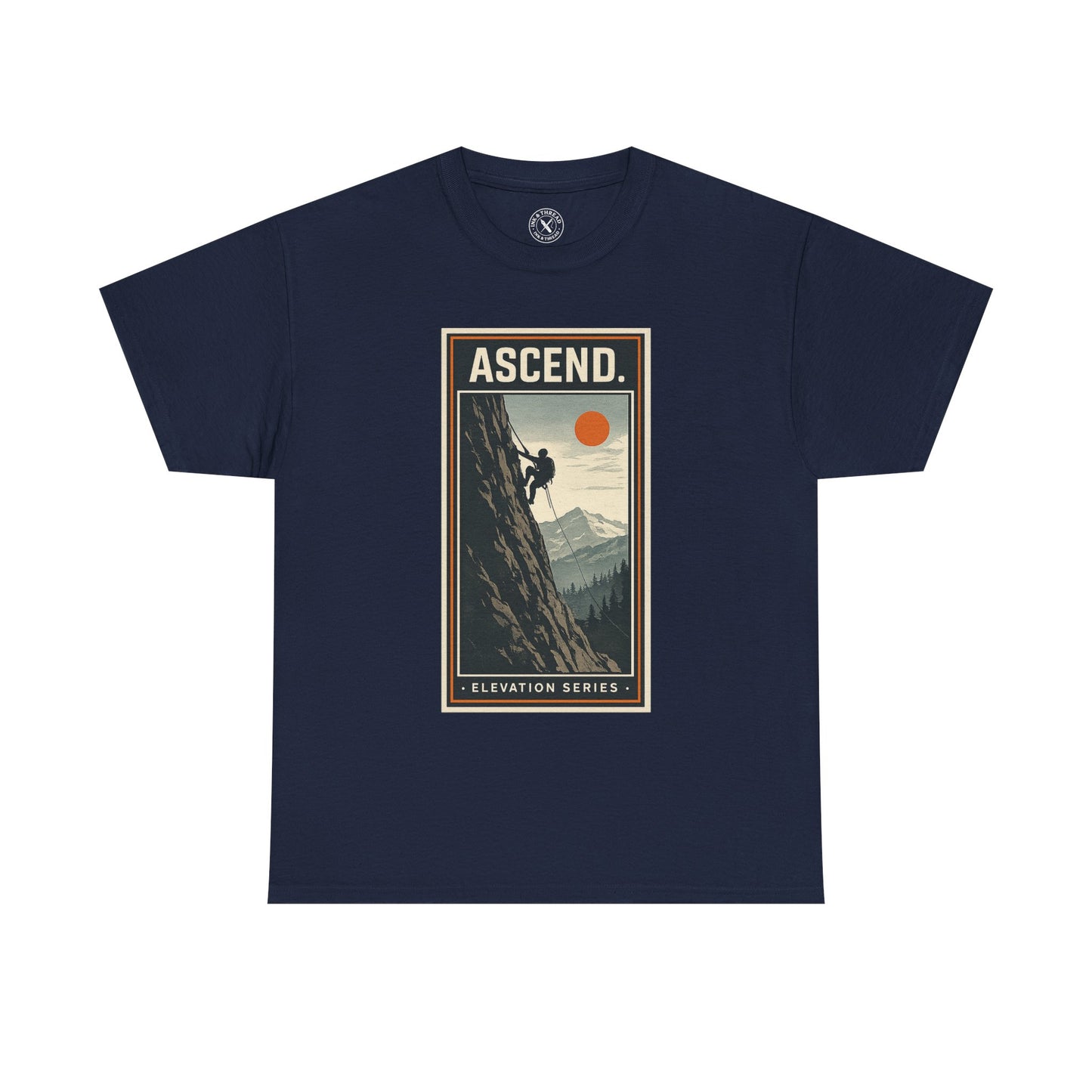 Ink & Thread UK navy blue unisex t-shirt featuring Ascend Elevation Series mountain rock climbing graphic with climber and sun design