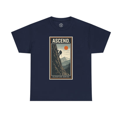 Ink & Thread UK navy blue unisex t-shirt featuring Ascend Elevation Series mountain rock climbing graphic with climber and sun design