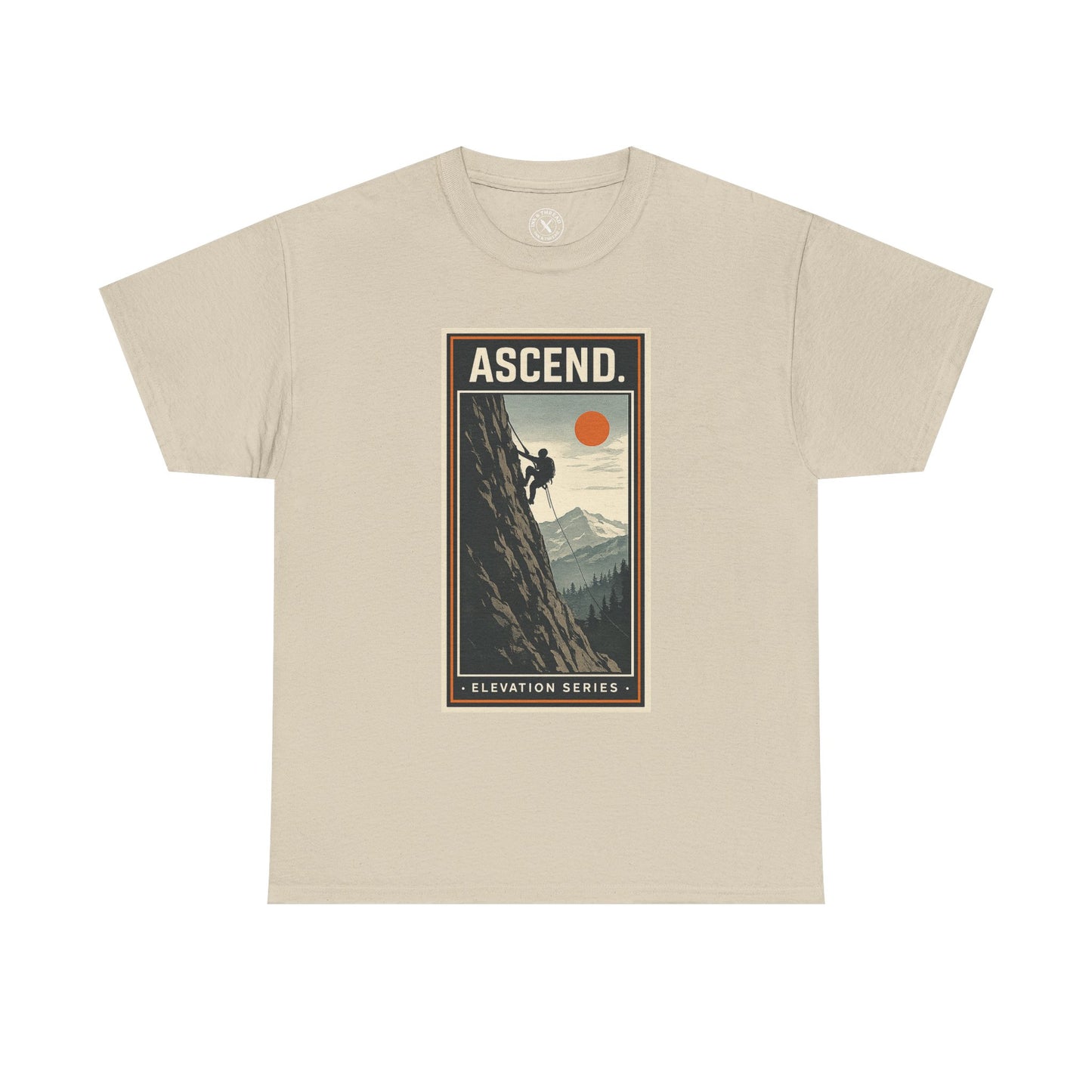 Ink & Thread UK sand beige unisex t-shirt featuring Ascend Elevation Series mountain rock climbing graphic with climber and sun design