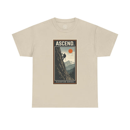 Ink & Thread UK sand beige unisex t-shirt featuring Ascend Elevation Series mountain rock climbing graphic with climber and sun design