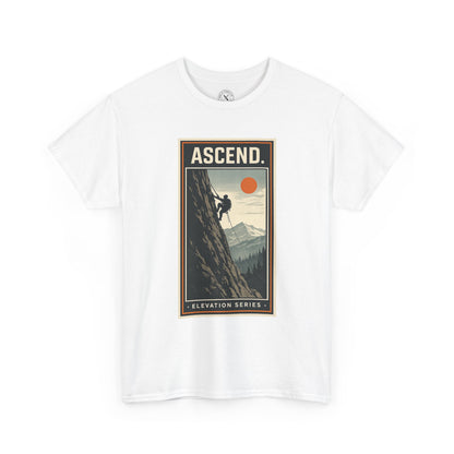 Ink & Thread UK white unisex t-shirt featuring Ascend Elevation Series mountain rock climbing graphic with climber and sun design