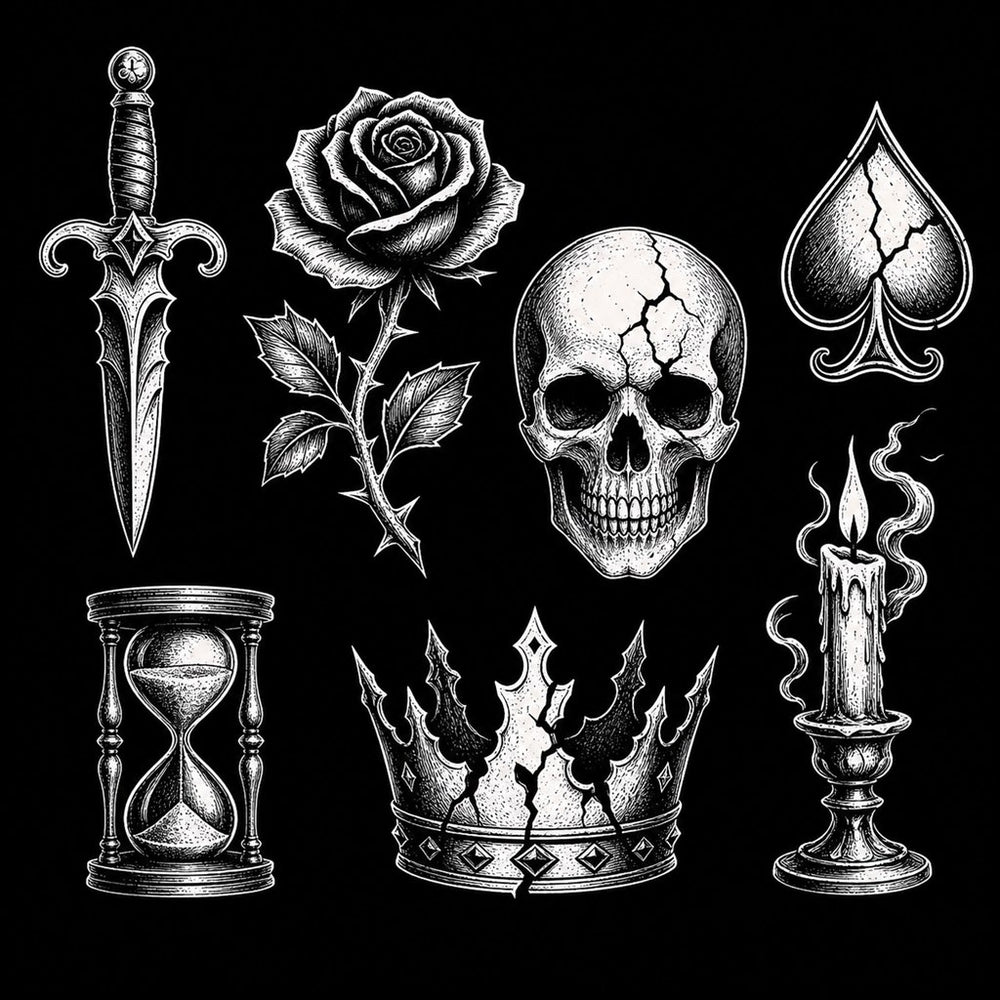 Tattoo Flash Symbols illustration for the Best Gothic T-Shirts 2026 article, Ink & Thread