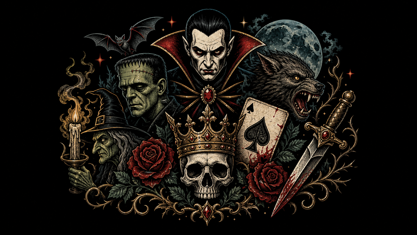 Best horror T-shirts UK shown through classic monsters, skulls and dark tattoo symbols.