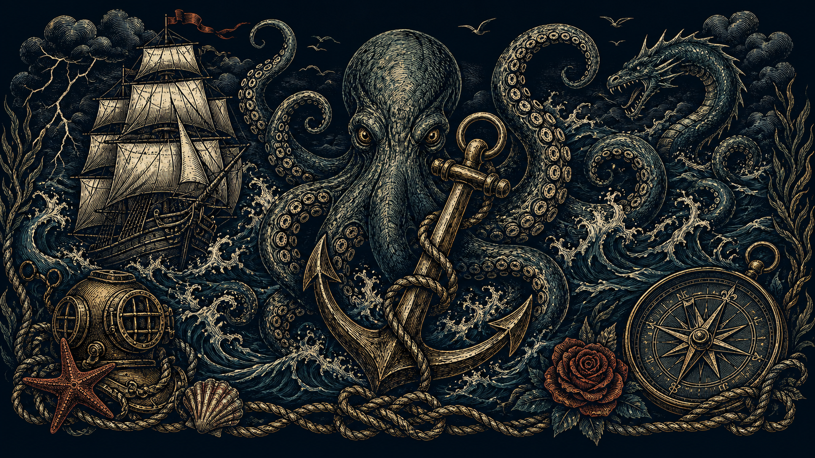 Colour nautical t-shirt article banner with kraken, anchor, ship, compass and dark ocean symbols.